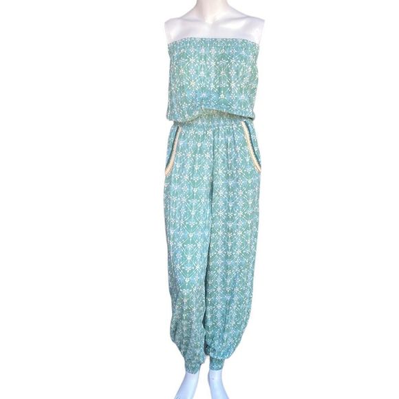 Skemo Pants - Skemo Turquoise Aqua Bohemian Beachy Beaded Strapless Smocked Blouson Jumpsuit M